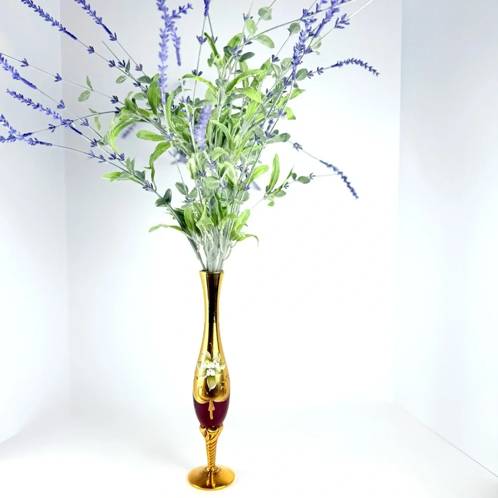 VTG Murano Venetian Ruby Glass & 24K Gold Paint 11โ Hand Painted Floral Bud Vase - Picture 16 of 16